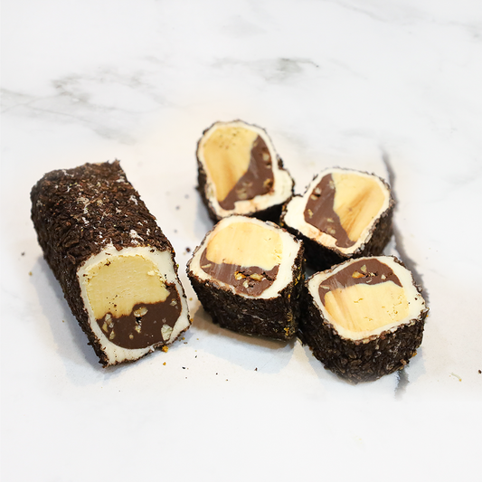 White and Milk Chocolate with Hazelnut Covered Coconut