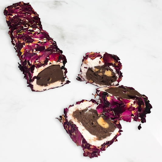 Hazelnut Cream & Hazelnuts in a Milk Wrap Covered in Rose Pedals