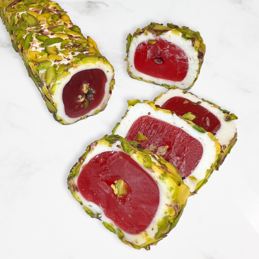 Pomegranate & Pistachio in a Milk Wrap Covered in Sliced Pistachios